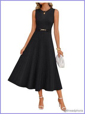 Sleeveless Knit Midi Dress Pleated A-Line Belted Summer Dress